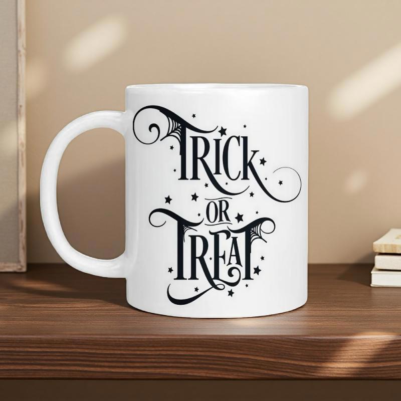 Tailorly White Ceramic 11 oz Mug - Trick Or Treat Ornate Spooky Gothic Lettering Featuring Delicate Spider Webs And Stars Mug