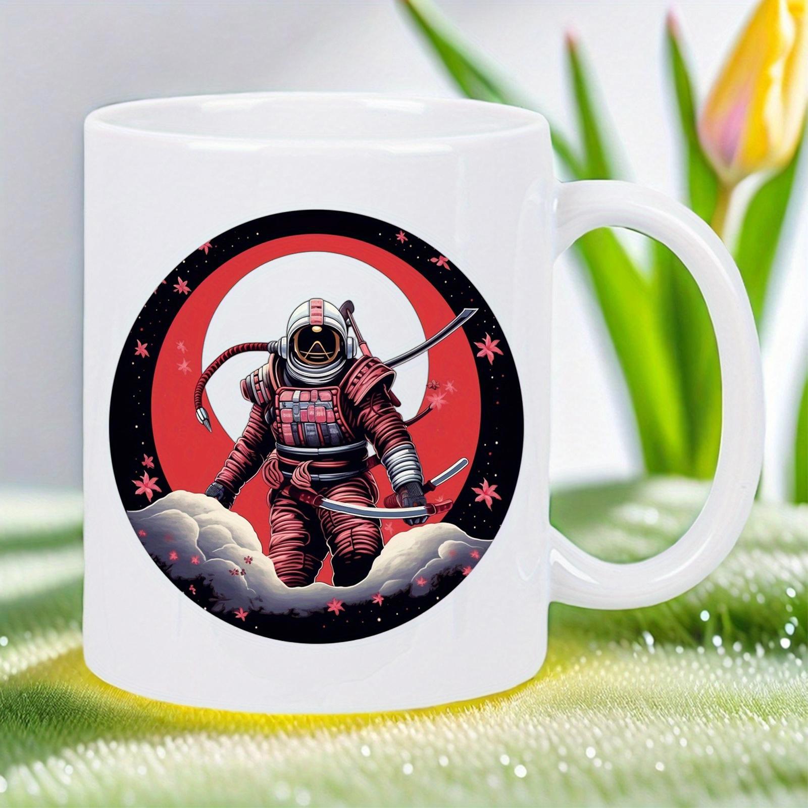 Tailorly White Ceramic 11 oz Mug - Futuristic Red Armored Samurai Standing Among Clouds Under Large Glowing Moon Astronaut