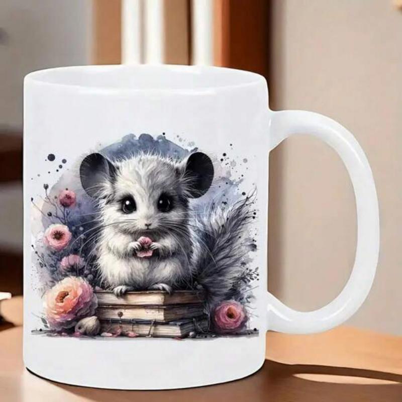 Tailorly White Ceramic 11 oz Mug - Cute Fluffy Animal Resting On Stacked Books With Delicate Pink Flowers Chinchilla