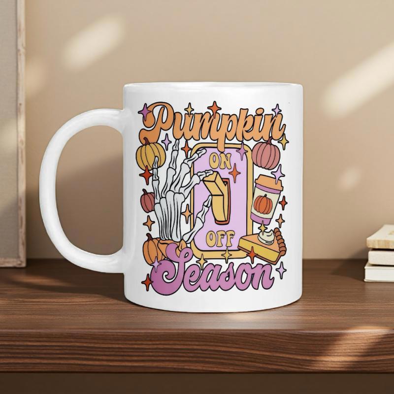 Tailorly White Ceramic 11 oz Mug - Pumpkin Season On Off Retro Skeletal Hand Flipping Switch Surrounded By Small Detailed Festive Autumn Harvest Pumpkin