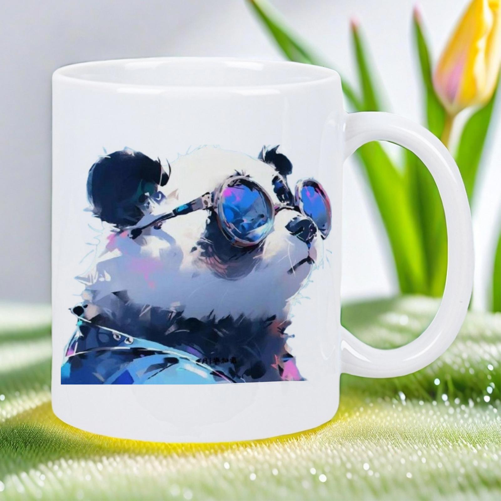 Tailorly White Ceramic 11 oz Mug - Cool Artistic Panda Wearing Vibrant Blue Reflective Sunglasses In Modern Style Panda