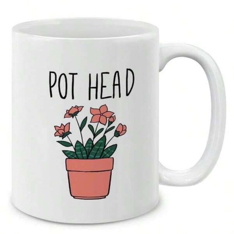 Tailorly White Ceramic 11 oz Mug - Pot Head Potted Floral Garden With Pink Blossoms And Lush Green Leaves Plant