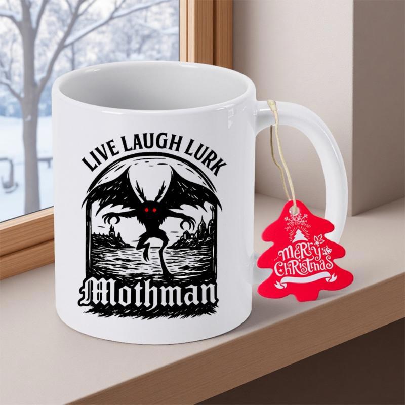 Tailorly White Ceramic 11 oz Mug - Live Laugh Lurk Mothman Mystical Shadowy Creature With Spreading Wings Under Arch Mothman