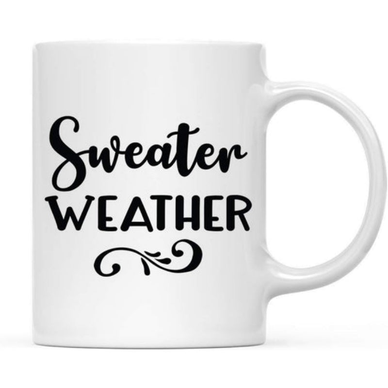 Tailorly White Ceramic 11 oz Mug - Sweater Weather Minimalist White Ceramic With Decorative Swirl And Bold Artistic Text Mug