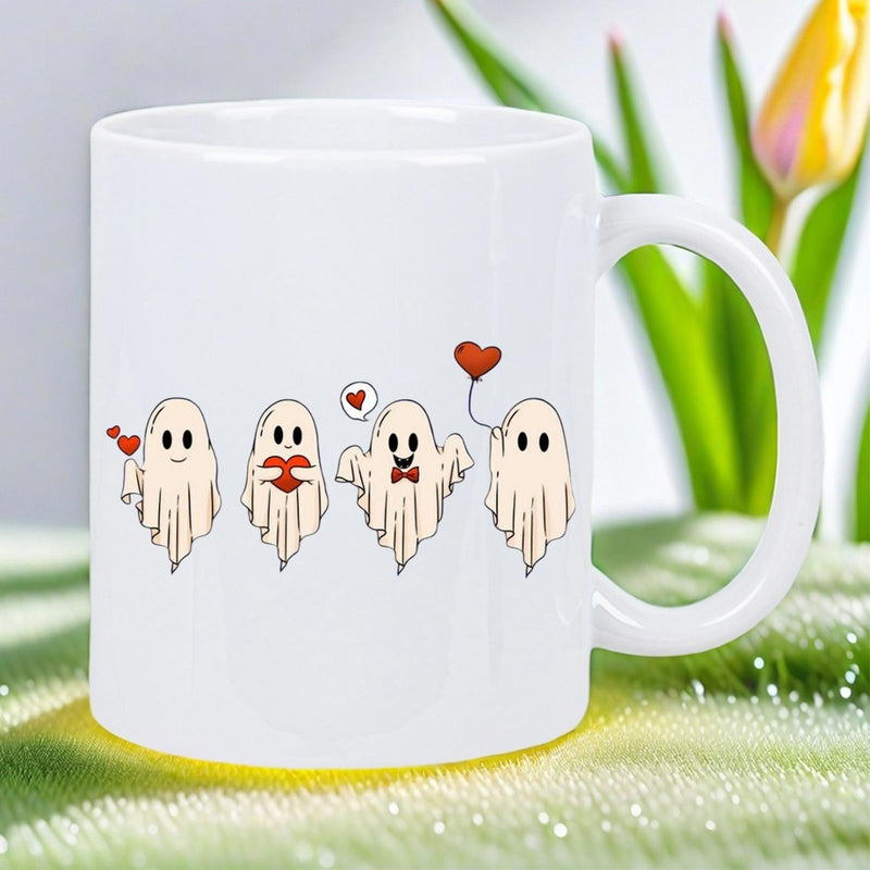 Tailorly White Ceramic 11 oz Mug - Adorable Tiny Specters Holding Bright Red Hearts Floating In Seamless Row Ghost