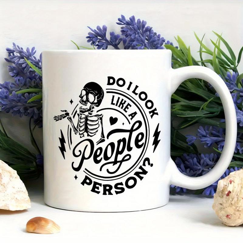 Tailorly White Ceramic 11 oz Mug - Do I Look Like A People Person Hand Drawn Skeletal Figure Holding Cigar With Sparkles And Lightning Bolts Skeleton