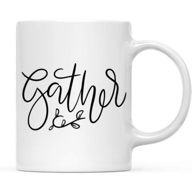 Tailorly White Ceramic 11 oz Mug - Gather Minimalist Hand Lettered Script With Small Botanical Branch Accent Mug