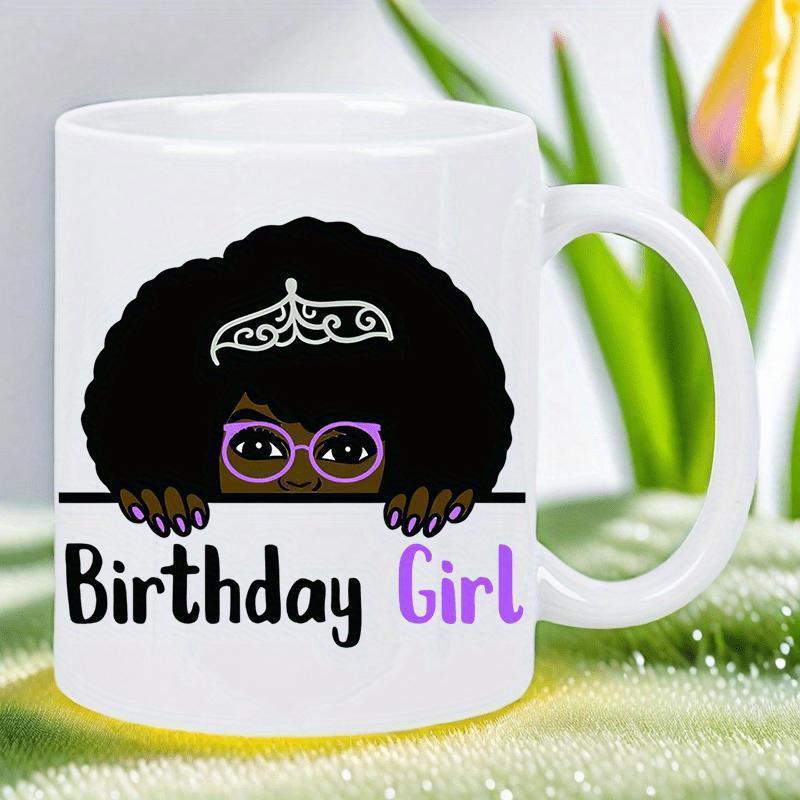 Tailorly White Ceramic 11 oz Mug - Birthday Girl Charming Young Child With Natural Afro Hair Wearing Sparkling Purple Glasses Girl