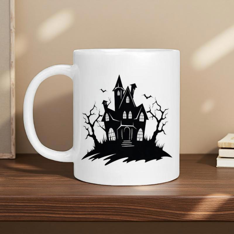 Tailorly White Ceramic 11 oz Mug - Spooky Gothic Silhouette With Bare Trees And Flying Nocturnal Bats Haunted House