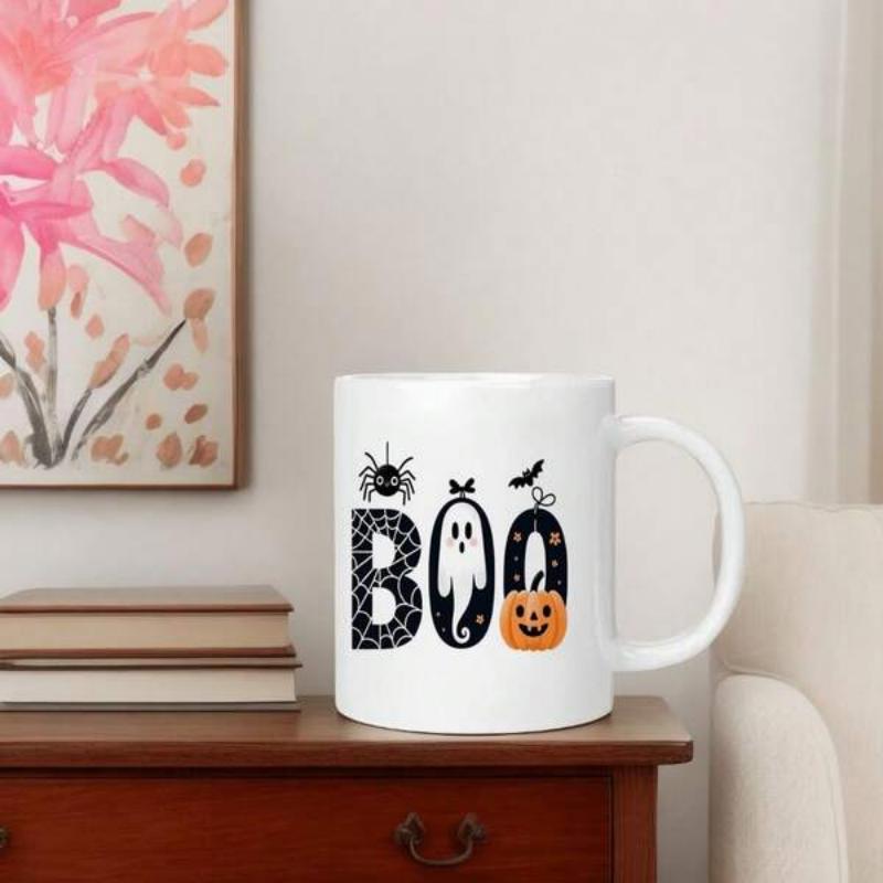 Tailorly White Ceramic 11 oz Mug - Boo Spooky Pattern With Cute Ghost Pumpkin And Tiny Spider Bat Halloween Decor
