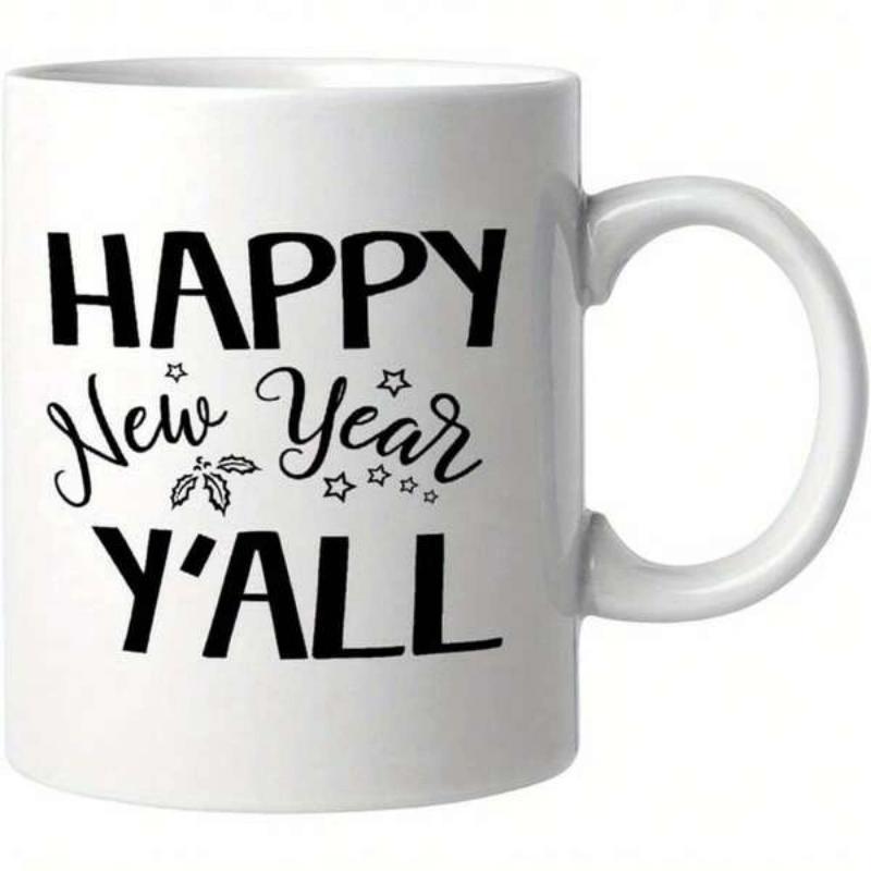 Tailorly White Ceramic 11 oz Mug - Happy New Year Yall Festive Stars And Holly Leaves Decorated With Elegant Script Style Lettering Sign