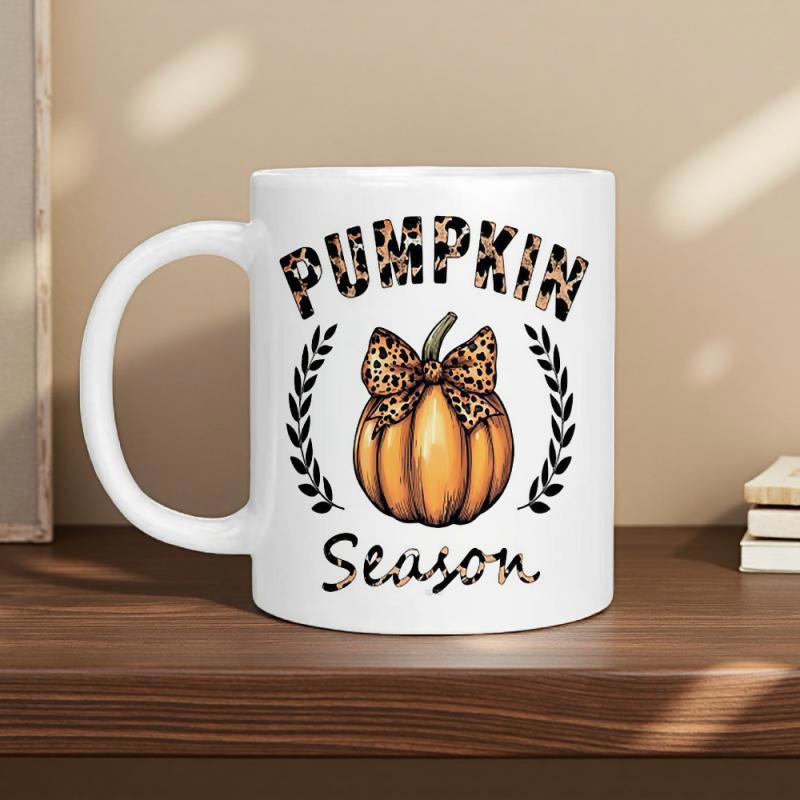 Tailorly White Ceramic 11 oz Mug - Pumpkin Season Autumnal Harvest Featuring Stylish Leopard Bow Tied Between Delicate Leafy Branches Pumpkin