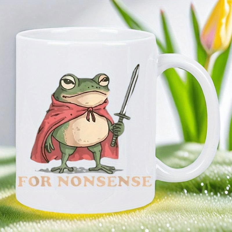 Tailorly White Ceramic 11 oz Mug - For Nonsense Valiant Warrior Amphibian Wearing A Red Cape And Holding Sword Frog