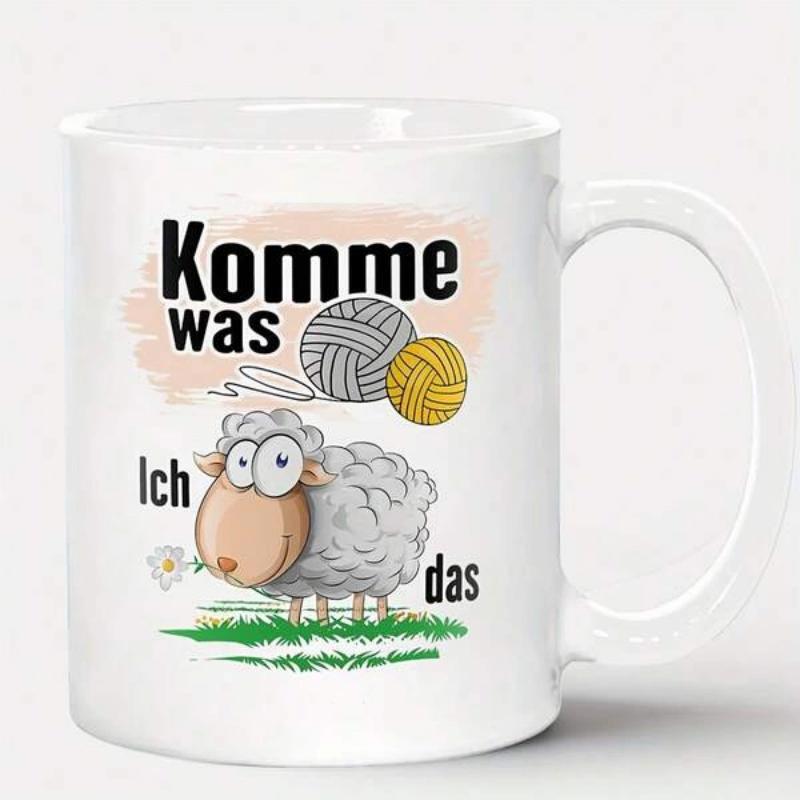 Tailorly White Ceramic 11 oz Mug - Cute Cartoon Sheep Standing On Green Grass With Balls Of Yarn Sheep