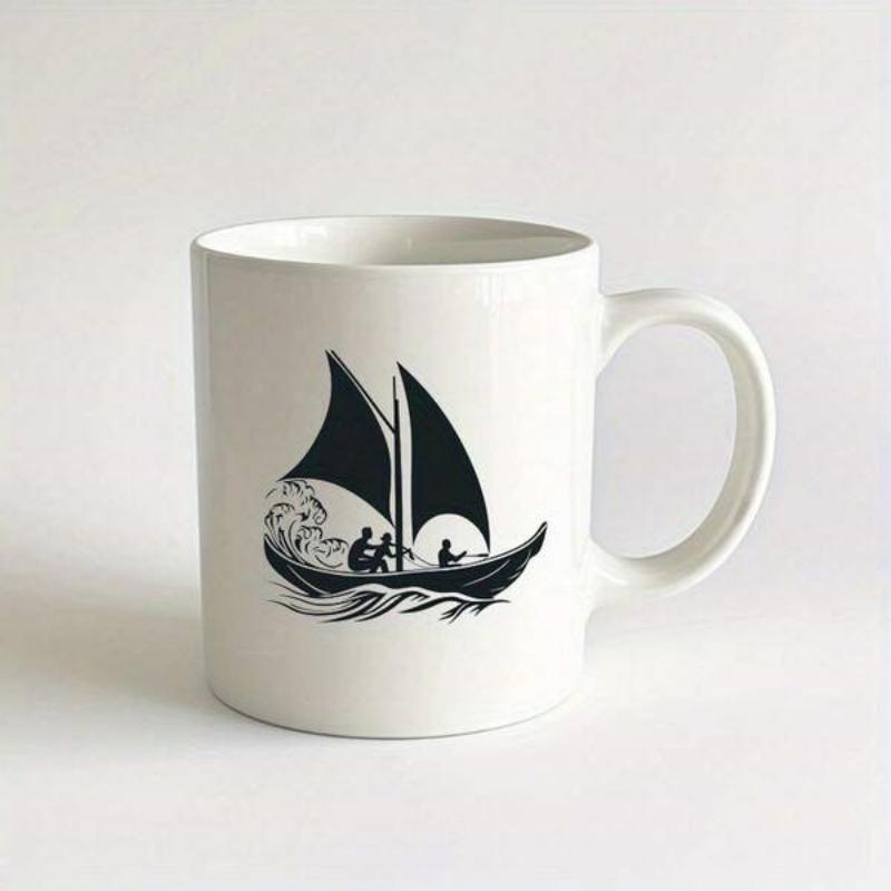 Tailorly White Ceramic 11 oz Mug - Vintage Style Nautical Sailing Over Ocean Waves With Fishermen Silhouette Sailboat