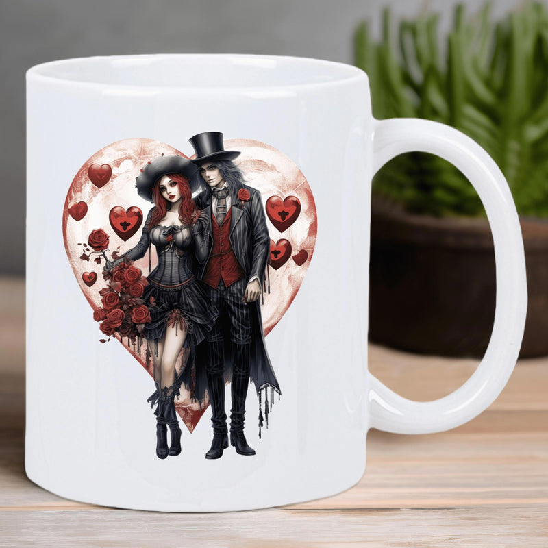 Tailorly White Ceramic 11 oz Mug - Dark Romantic Gothic Style With Red Roses And Heart Background Couple