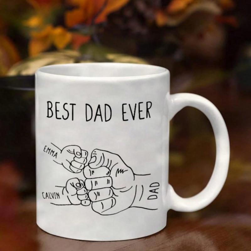 Tailorly White Ceramic 11 oz Mug - Best Dad Ever Minimalist Black Ink Line Art Representing Family Fatherhood Bond Fist