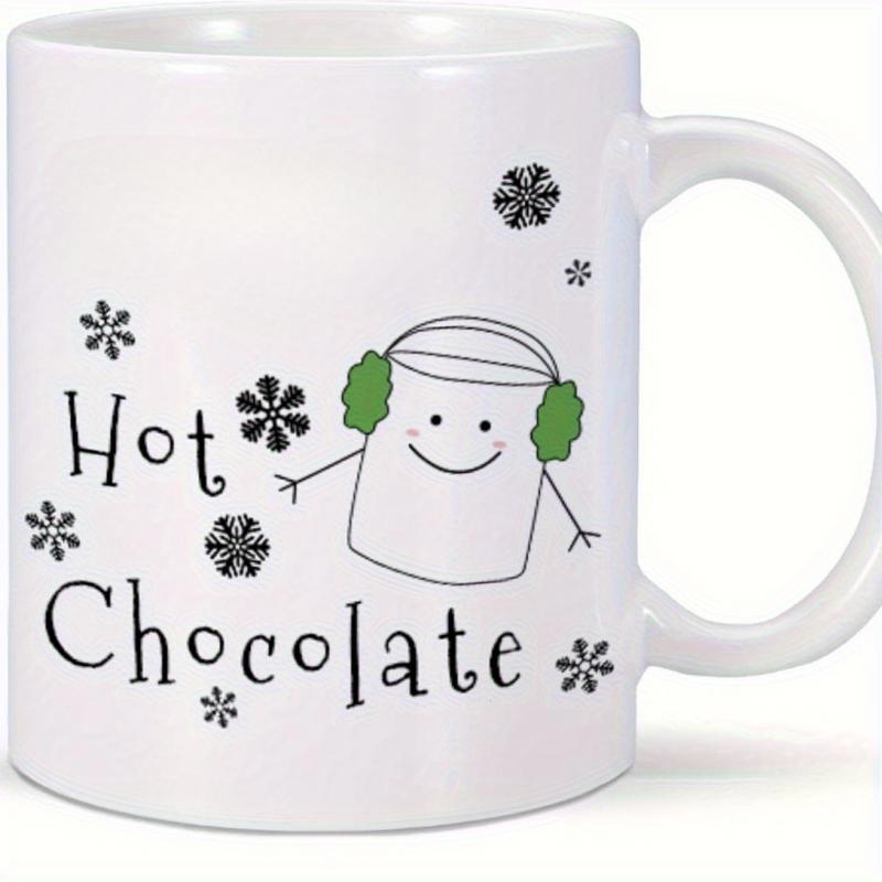 Tailorly White Ceramic 11 oz Mug - Hot Chocolate Smiling Winter Character With Green Earmuffs And Floating Snowflakes Marshmallow