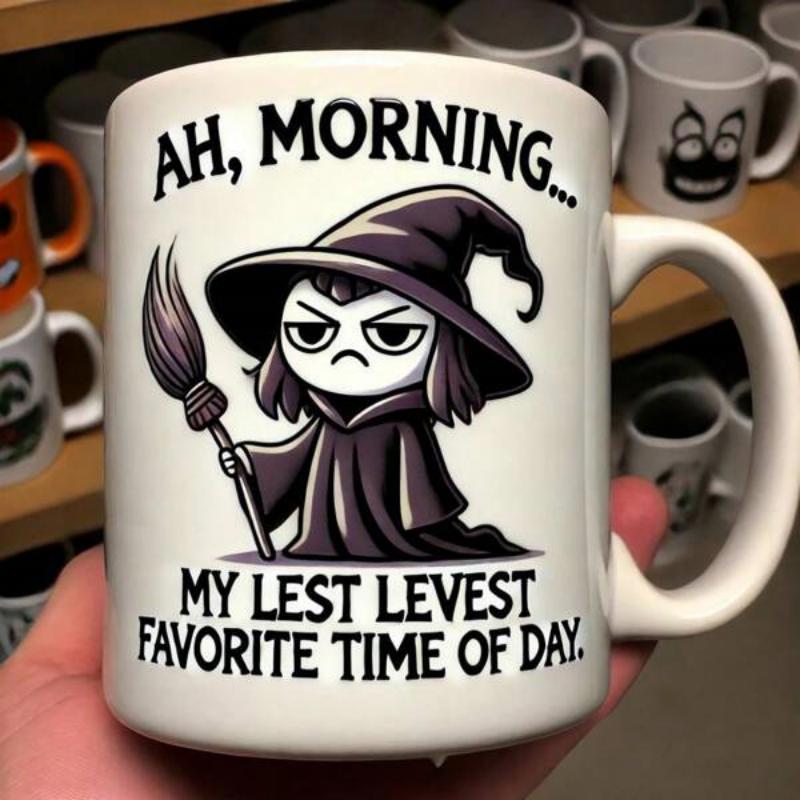 Tailorly White Ceramic 11 oz Mug - Ah Morning My Lest Levest Favorite Time Of Day Grumpy Little Cartoon Witch Holding A Broomstick Wearing A Black Pointed Hat
