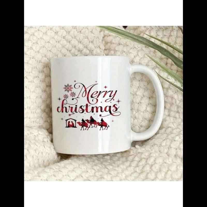 Tailorly White Ceramic 11 oz Mug - Merry Christmas Festive Nativity Scene Featuring Three Wise Men On Camels Under Stars Camel