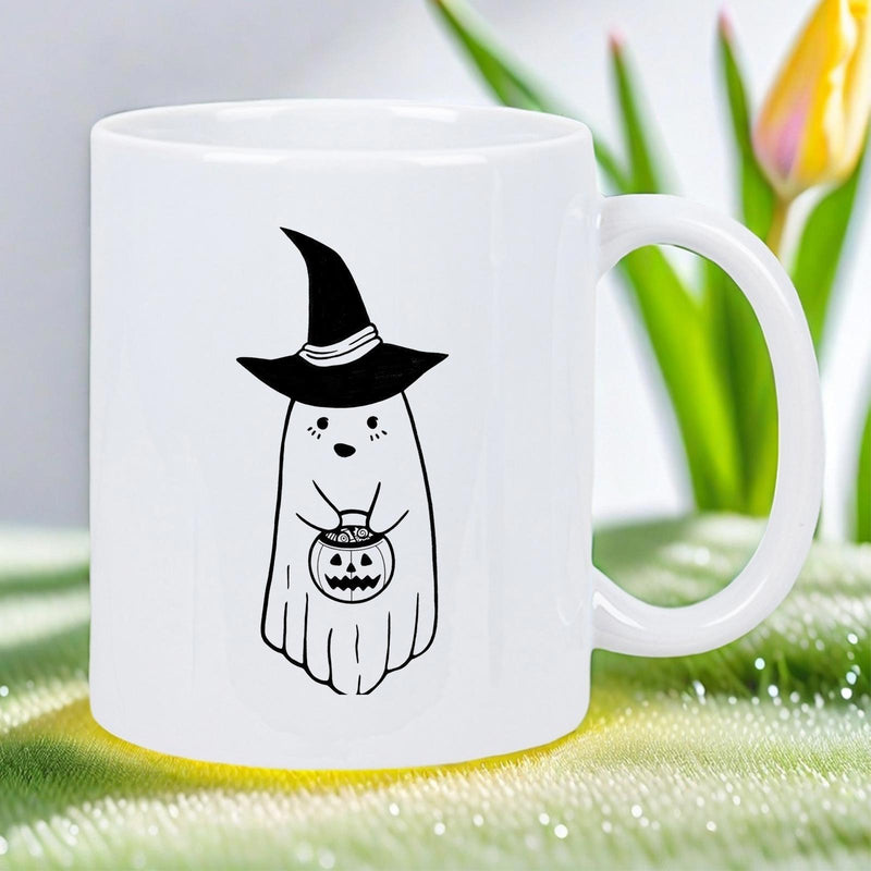 Tailorly White Ceramic 11 oz Mug - Cute Minimalist Halloween Ghost Wearing Black Witch Hat Holding Pumpkin Ghost