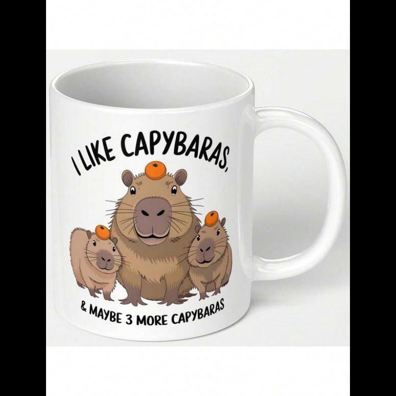 Tailorly White Ceramic 11 oz Mug - I Like Capybaras And Maybe Three More Capybaras Cute Brown Animals With Small Oranges Resting On Their Heads Capybara