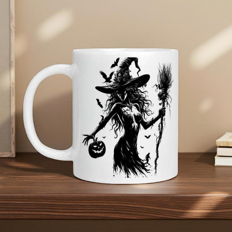 Tailorly White Ceramic 11 oz Mug - Gothic Sketch Of Mystical Halloween Witch Holding Broomstick And Pumpkin Witch