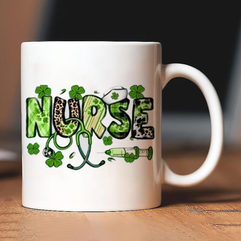 Tailorly White Ceramic 11 oz Mug - Nurse Artistic Green Patterned Letters With Stethoscope Syringe And Lucky Shamrocks Nurse