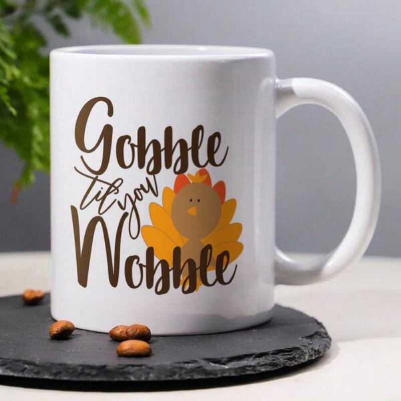 Tailorly White Ceramic 11 oz Mug - Gobble Til You Wobble Cute Cartoon Thanksgiving Design With Vibrant Orange Feathers Friendly Turkey