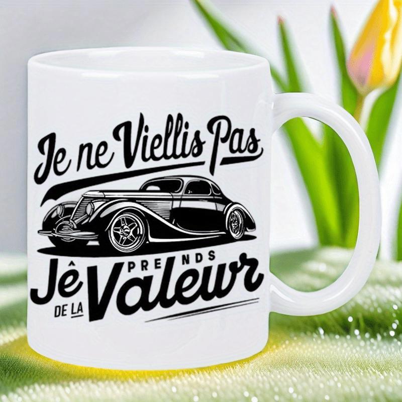 Tailorly White Ceramic 11 oz Mug - Classic Retro Vintage Silhouette Automobile Featuring Polished Sleek Metallic Curves Car