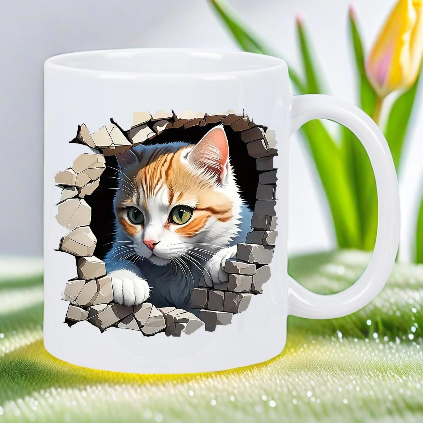 Tailorly White Ceramic 11 oz Mug - Broken Stone Wall With Realistic Ginger Tabby Peeking Through Hole Cat