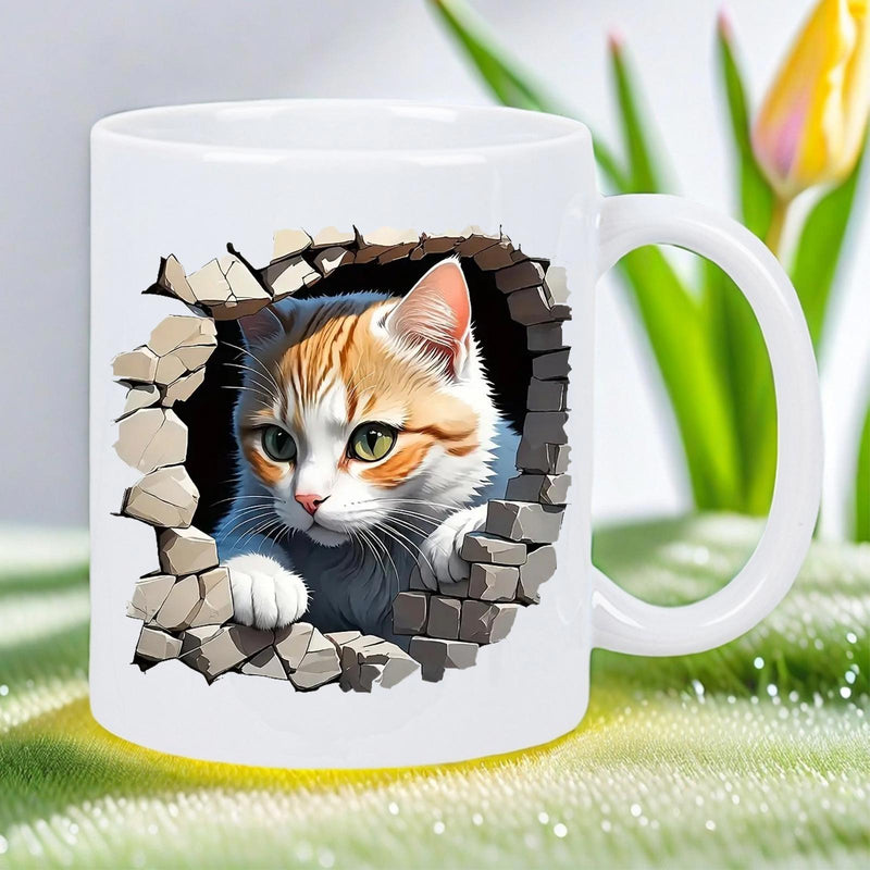Tailorly White Ceramic 11 oz Mug - Broken Stone Wall With Realistic Ginger Tabby Peeking Through Hole Cat