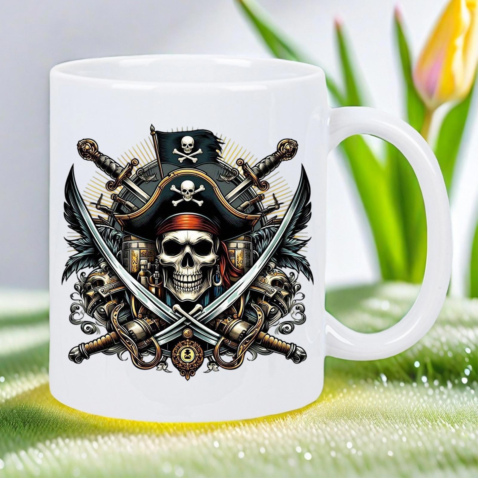 Tailorly White Ceramic 11 oz Mug - Intricate Detailed Graphic Of Grinning Pirate Head With Crossed Sharp Cutlasses Skull