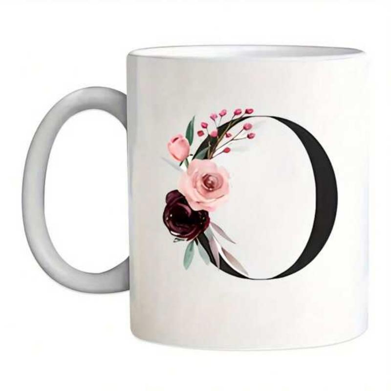 Tailorly White Ceramic 11 oz Mug - Elegant Serif Letter With Soft Pink And Dark Burgundy Floral Accents Flower
