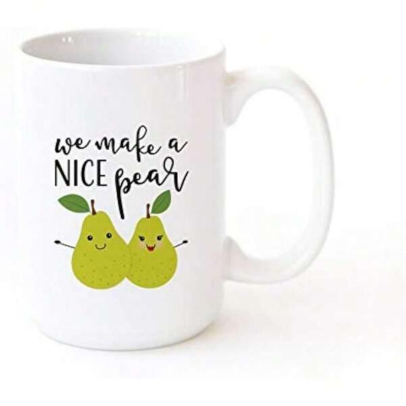 Tailorly White Ceramic 11 oz Mug - We Make A Nice Pear Two Cute Smiling Green Fruits With Small Arms Standing Together Pear