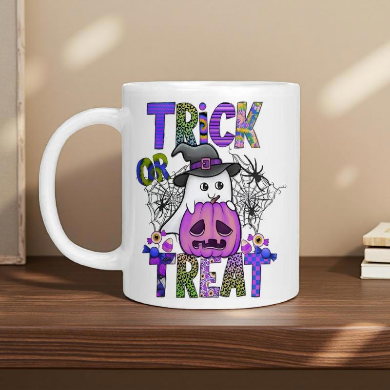 Tailorly White Ceramic 11 oz Mug - Trick Or Treat Adorable White Spirit Wearing Witch Hat Among Spiders And Pumpkin Ghost