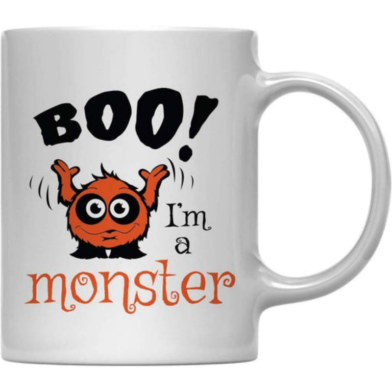 Tailorly White Ceramic 11 oz Mug - Boo I M A Monster Cute Small Orange Furry Creature With Big Eyes Raising Hands Monster