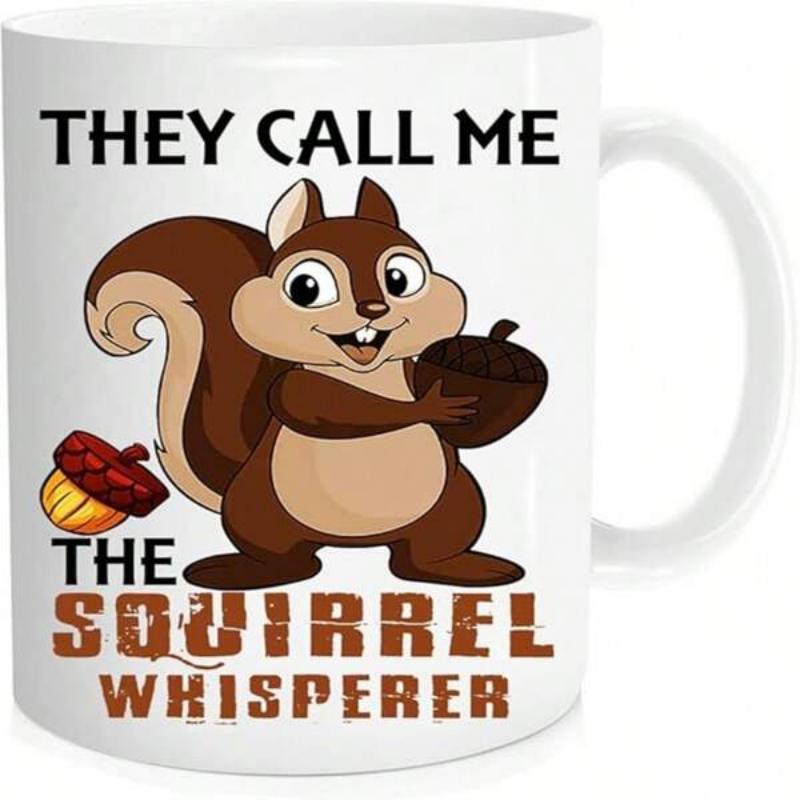 Tailorly White Ceramic 11 oz Mug - They Call Me The Squirrel Whisperer Happy Cartoon Wood Squirrel Holding Large Acorn Nut Under Soft Light Squirrel