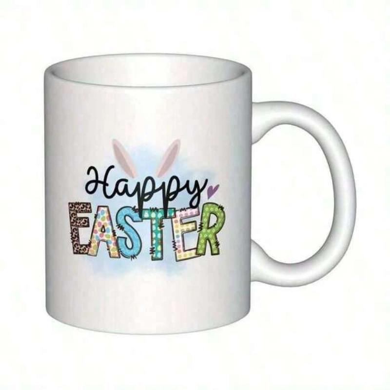 Tailorly White Ceramic 11 oz Mug - Happy Easter Vibrant Colorful Patterned Style Featuring Gentle Bunny Ears And Small Hearts Mug