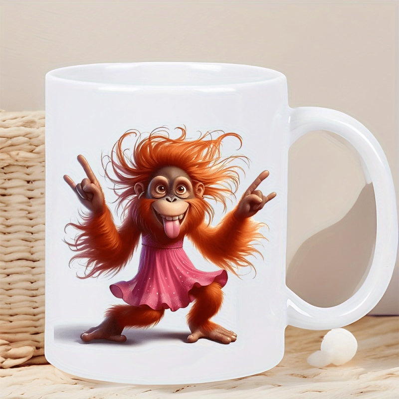 Tailorly White Ceramic 11 oz Mug - Funny Wild Orange Hair In Pink Dress Making Rock Hand Signs Orangutan