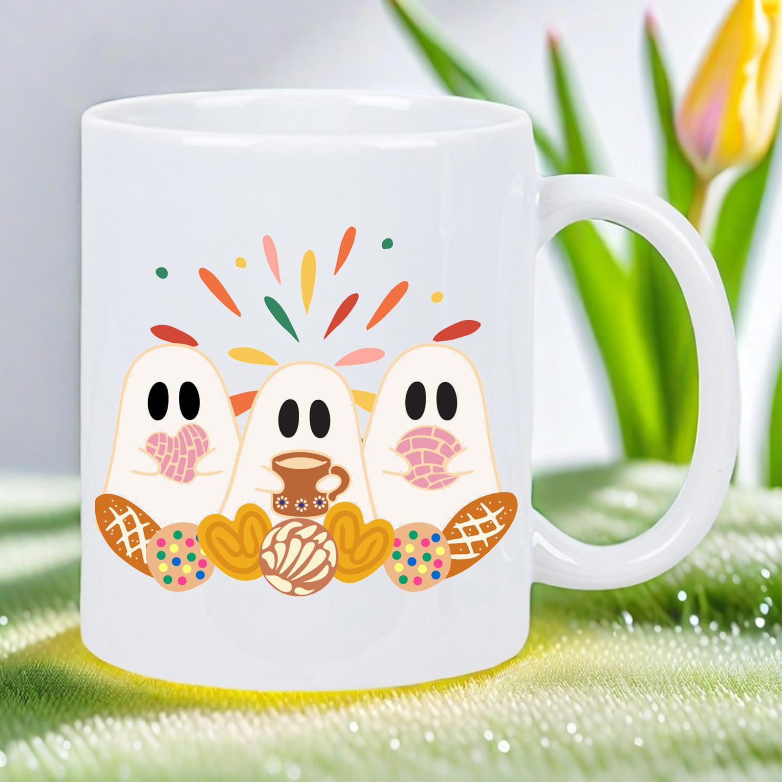 Tailorly White Ceramic 11 oz Mug - Three Friendly White Figures Celebrating With Traditional Mexican Sweet Pan Dulce Ghosts