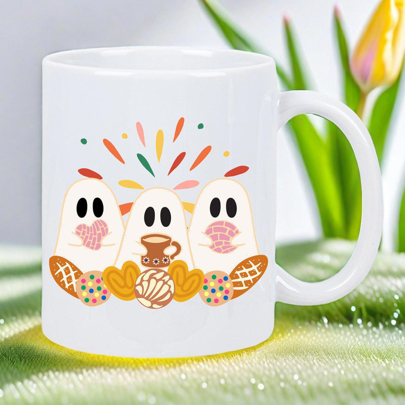 Tailorly White Ceramic 11 oz Mug - Three Friendly White Figures Celebrating With Traditional Mexican Sweet Pan Dulce Ghosts