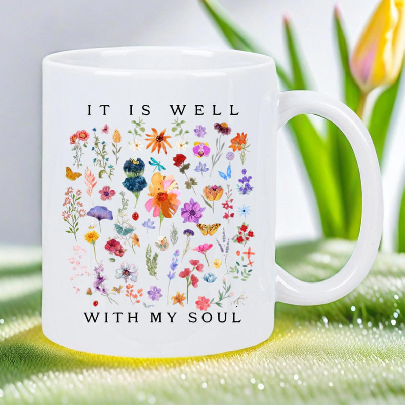 Tailorly White Ceramic 11 oz Mug - It Is Well With My Soul Vibrant Colorful Wildflowers Blooming Gracefully In A Natural Meadow Arrangement Flower