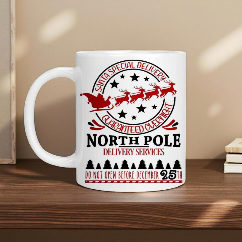 Tailorly White Ceramic 11 oz Mug - Santa Special Delivery Guaranteed Overnight North Pole Delivery Services Do Not Open Before December 25th Flying Reindeer And
