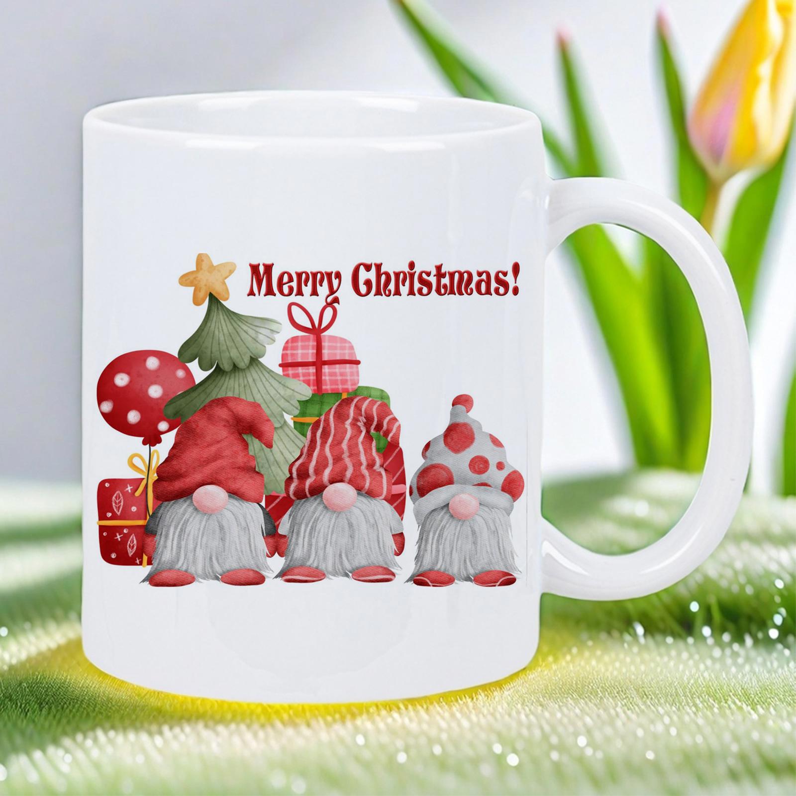 Tailorly White Ceramic 11 oz Mug - Merry Christmas Three Festive Gonks Standing Beside A Bright Decorated Star Tree Gnomes