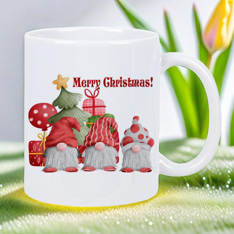 Tailorly White Ceramic 11 oz Mug - Merry Christmas Three Festive Gonks Standing Beside A Bright Decorated Star Tree Gnomes