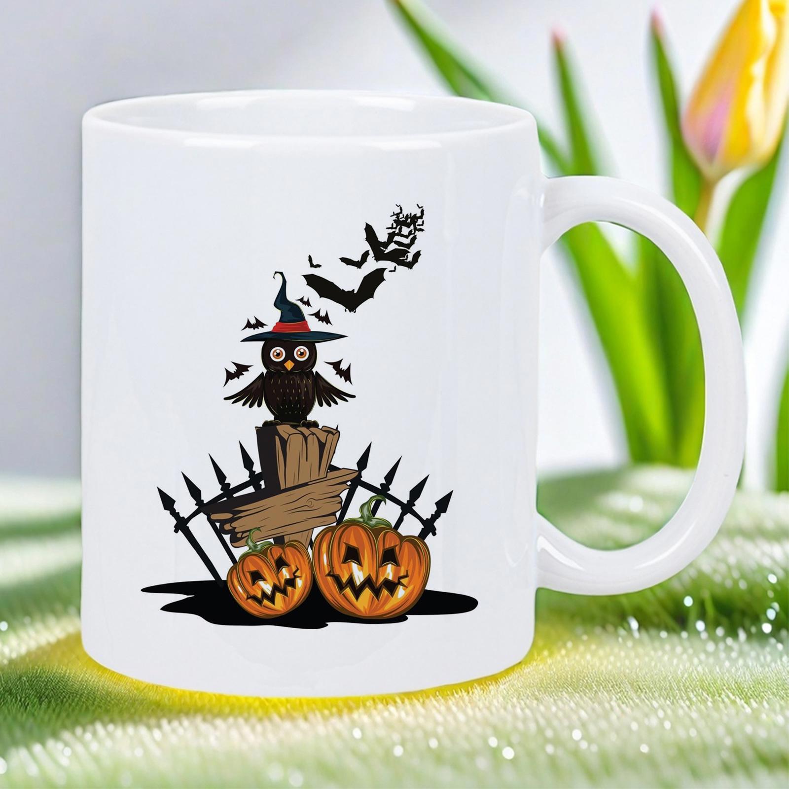 Tailorly White Ceramic 11 oz Mug - Halloween Night With Spooky Pumpkins Under Flying Bats On Fence Owl