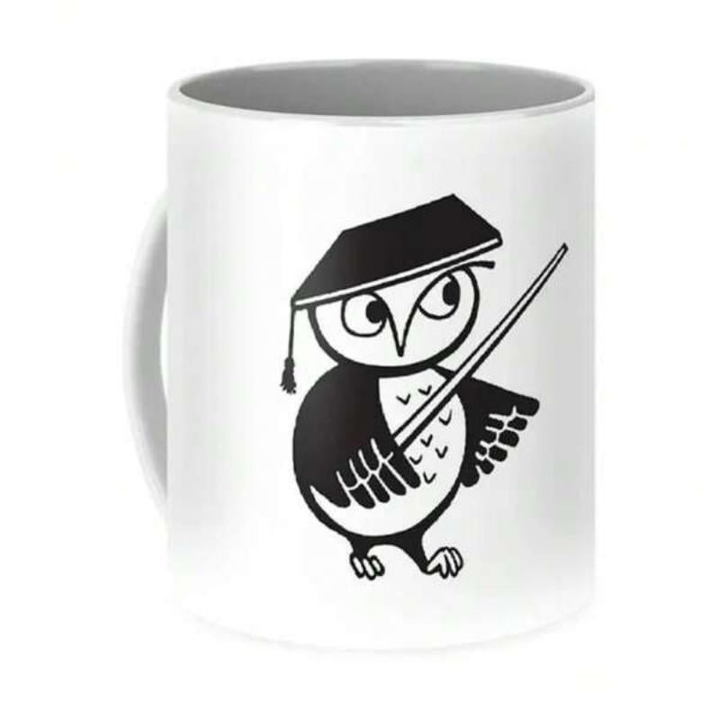 Tailorly White Ceramic 11 oz Mug - Minimalist Black And White Illustration Of Academic Teacher Wearing Cap Pointer Owl