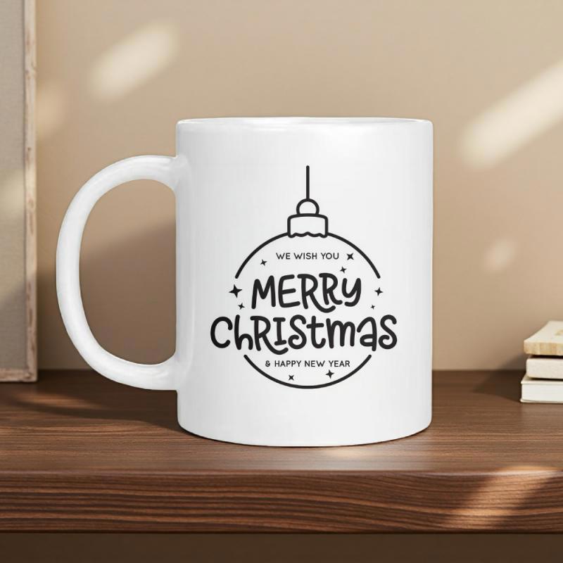 Tailorly White Ceramic 11 oz Mug - Merry Christmas Happy New Year Minimalist Black Line Art Hanging From String With Festive Stars Ornament