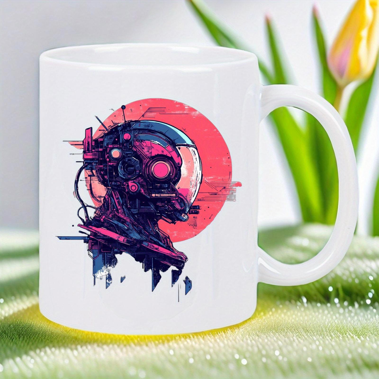 Tailorly White Ceramic 11 oz Mug - Futuristic Cyberpunk Mecha Head With Wires Floating Against Pink Sun Astronaut